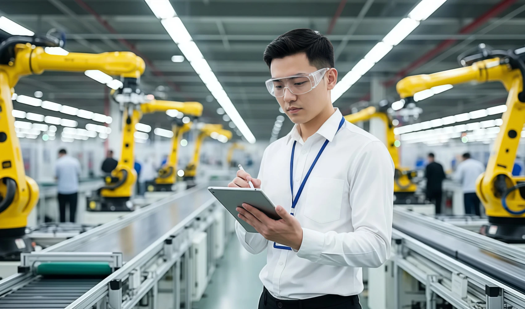 Professional sourcing agent conducting on-site factory inspection and quality control audit in a modern Chinese manufacturing facility.
